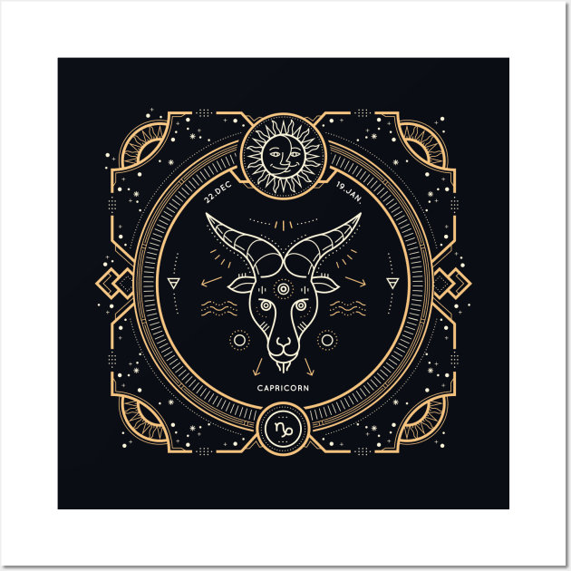 Capricorn Zodiac Gold White on Black Background Wall Art by susannefloe